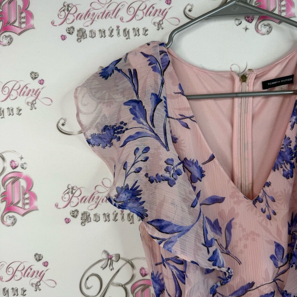 Tommy Hilfiger dress ruffles frilly frills gold charm Floral Pink and Blue Dress - Picture 8 of 14